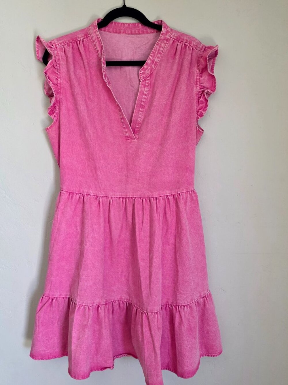 Pink Denim Tiered Ruffle Mini Dress | Size L